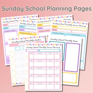 May include: A collection of colorful Sunday School planning pages. The pages feature pastel colors, with sections for dates, leaders, scripture, and notes. The text "Sunday School Planning Pages" is at the top.