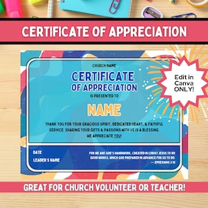 Church Certificate Of Appreciation Template, Volunteer Teacher Church Appreciation Certificate, Appreciation Gift, Editable Canva