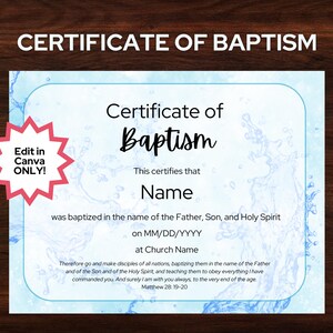 Plantilla de certificado de bautismo editable, imprimible, Canva, bautismo de bebé personalizado, agua, certificado de iglesia, bautismo infantil