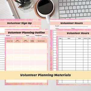 Peut inclure: Un ensemble de formulaires de planification de bénévolat imprimables avec un fond aquarelle rose et orange. Les formulaires comprennent une feuille d'inscription de bénévoles, un plan de planification de bénévoles et un journal des heures de bénévolat.