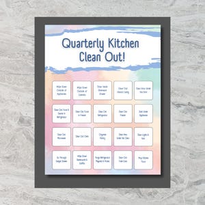 May include: A printable checklist for a quarterly kitchen clean out. The checklist is divided into a grid with 16 tasks, such as cleaning out the refrigerator, oven, and pantry. The background is a watercolor design with shades of pink, blue, and yellow.