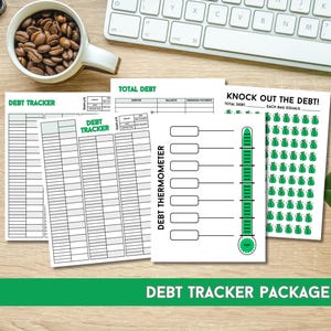 May include: A printable debt tracker package with three worksheets. The first worksheet is a debt tracker with columns for debt name, balance, minimum payment, and total debt. The second worksheet is a debt thermometer with a bar to track progress. The third worksheet is a "Knock Out the Debt!" page with a thermometer and a grid of green money bags.