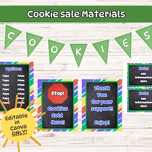 May include: Printable cookie sale materials with a colorful striped design. The signs include "Cookies Sold Here!" and "Thank You for Your Support! Enjoy!" with a stop sign graphic. Editable in Canva only.