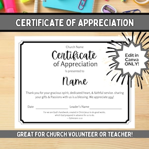 Classic Church Certificate Of Appreciation Template, Volunteer Teacher Church Appreciation Certificate, Appreciation Gift, Editable Canva