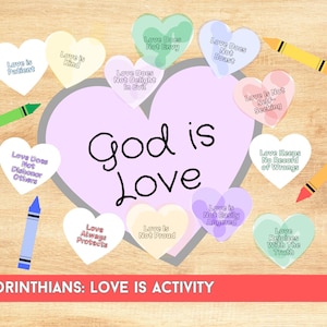 Valentinstag Bibel Craft Printable, Malseiten für Kinder, Sonntagsschule, Schrift Vers 1 Korinther 13, Valentinstag DIY Karte Christian