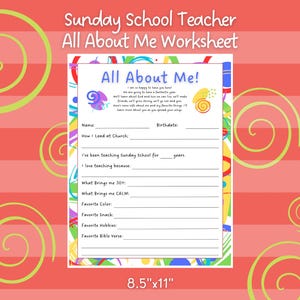 All About Me Sunday School Teacher Worksheet, Church Children&#39;s Ministry, Back to School, Teacher Gifts, Teacher Info Sheet, Printable