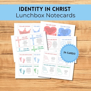 Identiteit in Christus Christelijke lunchbox-aantekeningen, kinderen, volwassenen, Schriftteksten, lunchkaarten, kind van God, aanmoediging, hulpbron voor de bediening
