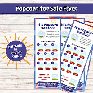Popcorn Sale Flyer Template, Editable Canva, Half Page Flyers Cookie Listings, Social Media Post, Fundraiser, Popcorn Contact Purchase Flyer