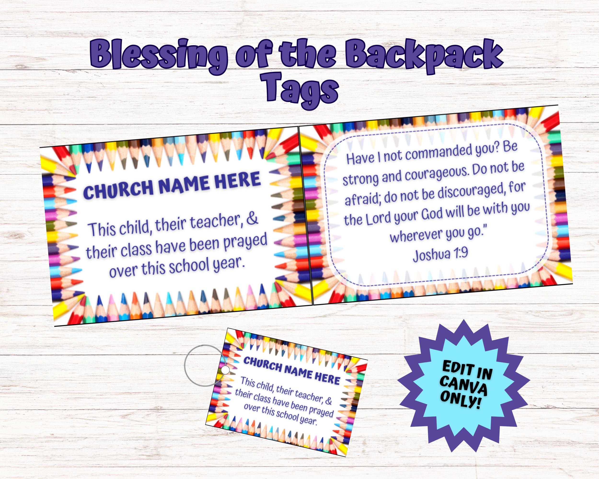 Editable Blessing of the Backpack Tag, School Year Prayer for Children Classroom, Church, Sunday School, Church, Printable, Editable Canva