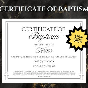 Plantilla de certificado de bautismo editable y elegante, imprimible, Canva, certificado de bautismo de bebé personalizado, certificado de iglesia, bautismo infantil