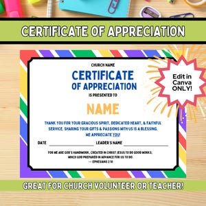 Church Certificate Of Appreciation Template, Volunteer Teacher Church Appreciation Certificate, Appreciation Gift, Editable Canva