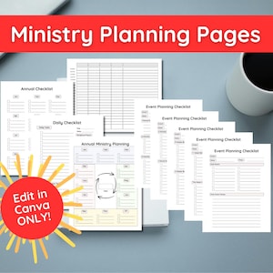 May include: A set of printable ministry planning pages, including an annual checklist, daily checklist, annual ministry planning page, and several event planning checklists. The pages are designed to be edited in Canva and feature a bright yellow sun graphic with the text "Edit in Canva ONLY!"