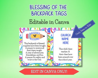 Editable Blessing of the Backpack Tag, School Year Prayer for Children Classroom, Church, Sunday School, Church, Printable, Canva, Poem
