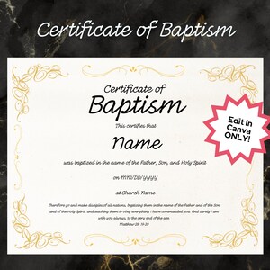 Plantilla de certificado de bautismo editable, elegante, sofisticado, Canva, certificado de bautismo de bebé personalizado, certificado de iglesia, bautismo infantil