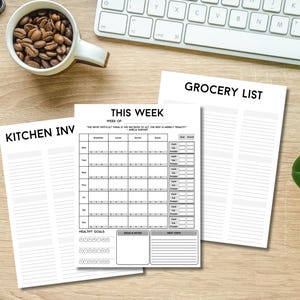 May include: A printable planner with sections for a kitchen inventory, meal planning, grocery list, and healthy goals. The meal planning section includes a grid for breakfast, lunch, dinner, snacks, and a place to track macros.