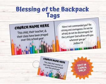 Editable Blessing of the Backpack Tag, School Year Prayer for Children Classroom, Church, Sunday School, Church, Printable, Editable Canva