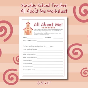 All About Me Sunday School Teacher Worksheet, Church Children&#39;s Ministry, Back to School, Teacher Gifts, Teacher Info Sheet, Printable