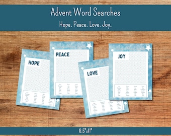 May include: Four printable Advent word search puzzles with a blue background and white snowflakes. The words to find are "Hope", "Peace", "Love", and "Joy".