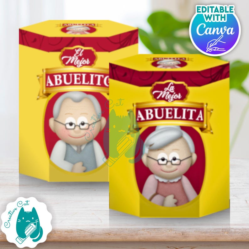 May include: Two yellow and red boxes with a cartoon image of a grandmother and grandfather. The boxes have the text "El Mejor Abuelito" and "La Mejor Abuelita" on them.