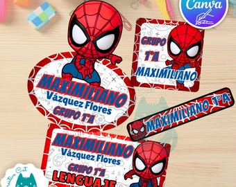ETIQUETAS ESCOLARES Spiderman Plantilla de Canva Editable