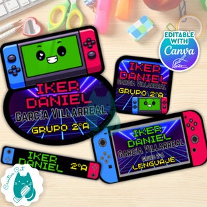 Może przedstawiać: Cztery etykiety do wydrukowania przedstawiające kreskówkową konsolę Nintendo Switch w retro stylu z lat 80. Etykiety zawierają imię i nazwisko "Iker Daniel Garcia Villarreal" oraz tekst "Grupo 2A" lub "Lenguaje".