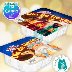 Puede incluir: Dos recipientes cuadrados con tapas. Las tapas muestran ilustraciones de los Reyes Magos y el texto "Dia de Reyes 2025". Las tapas son azules con estrellas doradas y el texto "Feliz Dia de Reyes".