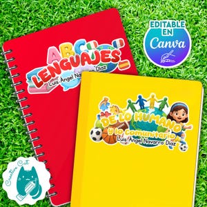 Puede incluir: Un cuaderno rojo de espiral con el texto ABC LENGUAJES y un cuaderno amarillo con el texto DE LO HUMANO y lo comunitario que muestra un globo terráqueo, balones deportivos y un personaje. Ambos cuadernos incluyen el nombre Luis Ángel Navarro Díaz.