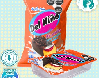 May include: A bright orange bag of Del Niño snack cakes with the text "Feliz Dia" and "Tú puedes hacer grandes cosas!"  The bag features a chocolate cake with sprinkles and a yellow cake with a strawberry filling.  The bag is next to a clear plastic container with a similar design and the same text.
