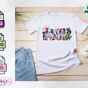 May include: White t-shirt with a design of various superheroes forming the word "FOUR" in a colorful graphic. The design includes Spider-Man, Iron Man, Captain America, Hulk, and other superheroes.