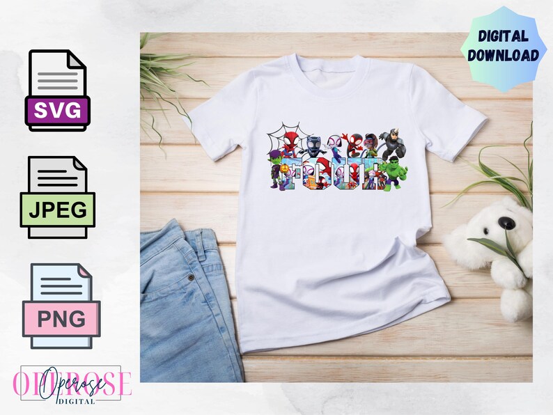 May include: White t-shirt with a design of various superheroes forming the word "FOUR" in a colorful graphic. The design includes Spider-Man, Iron Man, Captain America, Hulk, and other superheroes.