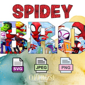 Peut inclure: T&eacute;l&eacute;chargement num&eacute;rique d'un design graphique avec les mots "SPIDEY BRO" en rouge et blanc avec un motif de toile d'araign&eacute;e. Les lettres sont remplies d'images de personnages de Spider-Man. Le design est disponible aux formats SVG, JPEG et PNG.