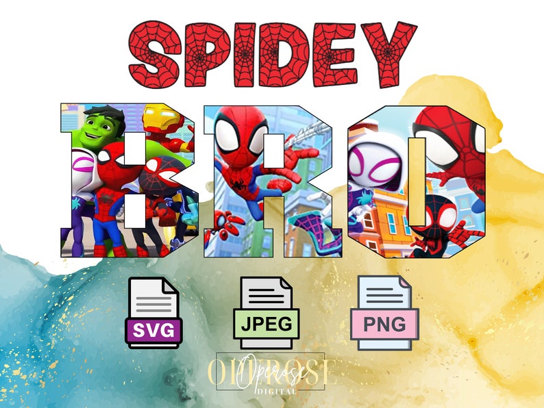 Peut inclure: T&eacute;l&eacute;chargement num&eacute;rique d'un design graphique avec les mots "SPIDEY BRO" en rouge et blanc avec un motif de toile d'araign&eacute;e. Les lettres sont remplies d'images de personnages de Spider-Man. Le design est disponible aux formats SVG, JPEG et PNG.