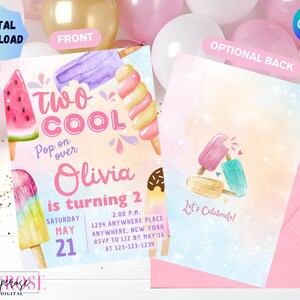 Digital Summer Popsicle Invitation/Two Cool Birthday Invite/ Summer Invite/ Editable on Canva/Digital Download Invitation/Party Invitation