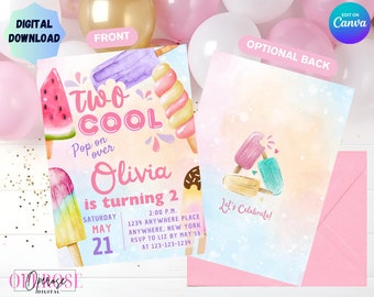Digital Summer Popsicle Invitation/Two Cool Birthday Invite/ Summer Invite/ Editable on Canva/Digital Download Invitation/Party Invitation