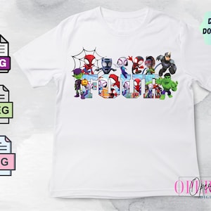 May include: White t-shirt with a graphic of various cartoon superheroes forming the word "FOUR".
