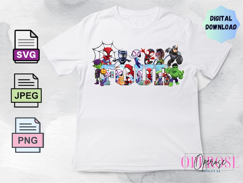 May include: White t-shirt with a graphic of various cartoon superheroes forming the word "FOUR".