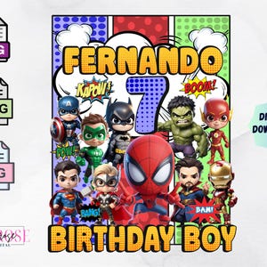 Pu&ograve; includere: Una grafica di compleanno scaricabile digitalmente con personaggi di supereroi, il nome "Fernando" e il numero "7". Sono visualizzate anche le parole "Birthday Boy". L'immagine include icone di tipo di file SVG, JPEG e PNG.