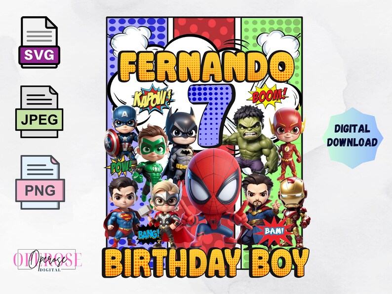 Pu&ograve; includere: Una grafica di compleanno scaricabile digitalmente con personaggi di supereroi, il nome "Fernando" e il numero "7". Sono visualizzate anche le parole "Birthday Boy". L'immagine include icone di tipo di file SVG, JPEG e PNG.