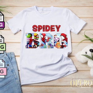 Peut inclure: T-shirt blanc avec le texte "SPIDEY BRO" en lettres rouges. Les lettres sont compos&eacute;es d'images de personnages Spider-Man.