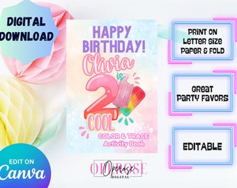 Two Cool Birthday Themed Coloring and Activity Book/Summer Popsicle Birthday/Digital Download/Party Favor/Editable Coloring Book