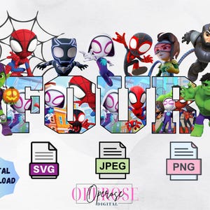 May include: A digital download of a colorful graphic featuring the word "FOUR" with various cartoon characters from the Spider-Man universe. The characters include Spider-Man, Spider-Gwen, Miles Morales, and Green Goblin. The graphic is perfect for a birthday party or other celebration.