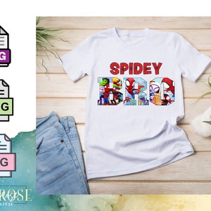 Peut inclure: T-shirt blanc avec un motif rouge paillet&eacute; qui dit "SPIDEY BRO". Le motif est compos&eacute; d'images de personnages de Spiderman.