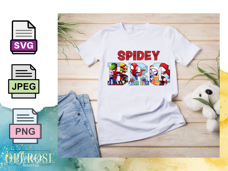 Peut inclure: T-shirt blanc avec un motif rouge paillet&eacute; qui dit "SPIDEY BRO". Le motif est compos&eacute; d'images de personnages de Spiderman.