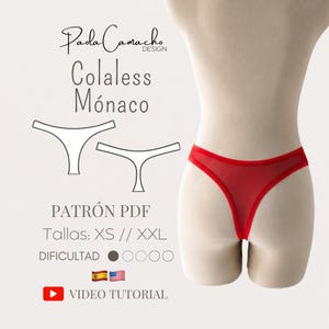 May include: A red thong worn on a mannequin torso. Text reads: Paola Camacho Design, Colaless Mónaco, PATRÓN PDF, Tallas: XS // XXL, DIFICULTAD, VIDEO TUTORIAL. Includes two line-art sketches of the thong design and two small flag icons.