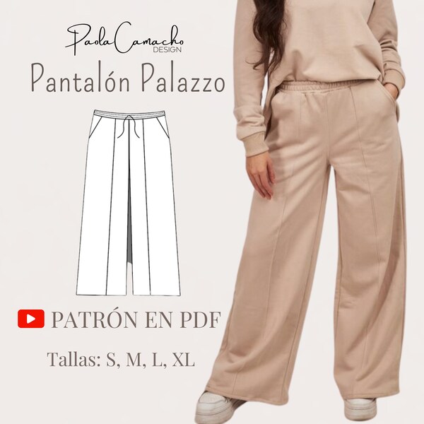 Patrón de pantalón palazzo, Tallas S,M,L y XL - Patrones en digital PDF descarga instantánea