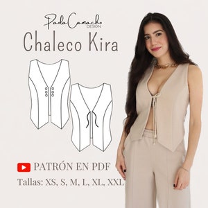 Puede incluir: Una ilustración digital de un patrón de chaleco con cuello en V y cierre de corbata. El texto "Chaleco Kira" está por encima del patrón. El texto "PATRÓN EN PDF" y "Tallas: XS, S, M, L, XL, XXL" está debajo del patrón.