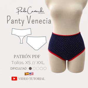 Mönster för högmidjade trosor i PDF-format | Mönster för damunderkläder | Venice Panty | XS-XXL | Mönster för nybörjarunderkläder