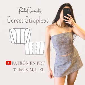 May include: A digital illustration of a strapless corset pattern with a text overlay that reads "Corset Strapless" and "PATRÓN EN PDF Tallas: S, M, L, XL".