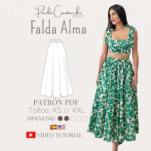 May include: A green and white floral print skirt and crop top set. The image also includes a line drawing of the skirt and text that reads "Falda Alma", "PATRÓN PDF", and "VIDEO TUTORIAL". The difficulty level is indicated by a series of gray circles.