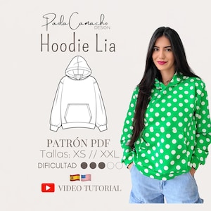 Puede incluir: Una sudadera con capucha verde con lunares blancos se muestra junto a un dibujo lineal de la misma sudadera con capucha. El texto en la imagen dice "Hoodie Lia", "Patrón PDF" y "Tallas: XS // XXL". El nivel de dificultad se indica con círculos grises.